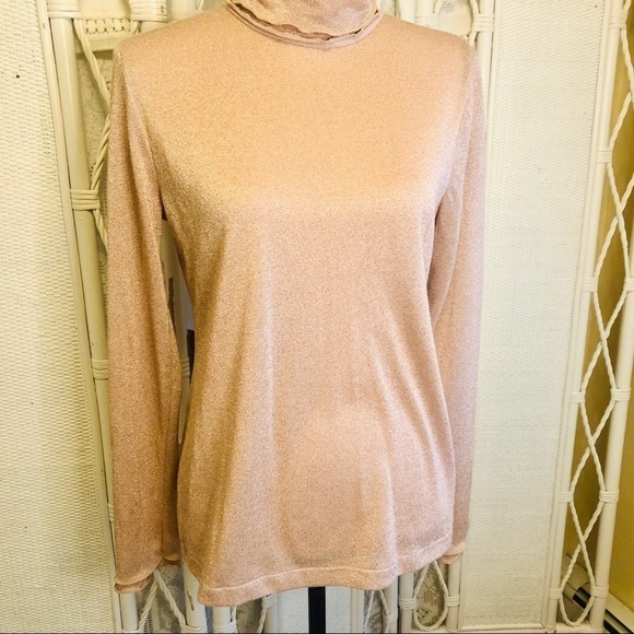 J. Crew Turtleneck Metallic Rose Gold Stretch Knit Ruffle Edge Top size Medium - Picture 5 of 16